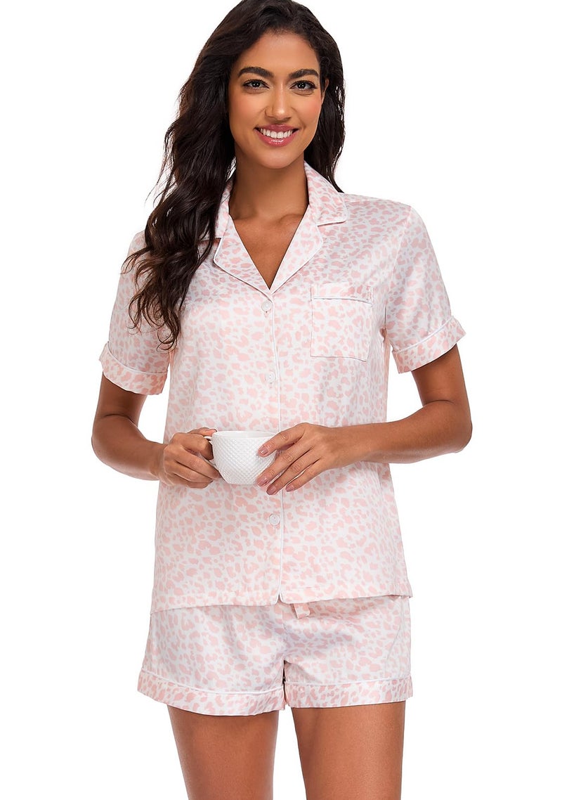 Serenedelicacy Women's Satin Pajama Set 2-Piece Sleepwear Loungewear Button Down Short Sleeve Silky PJ Set (Medium, Blush, Leopard) - Image 3